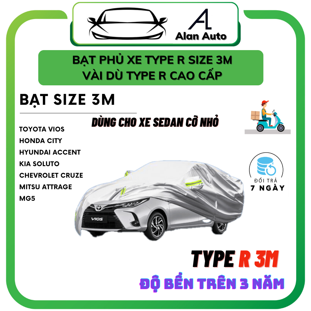 Bạt ô tô Vải Dù TYPE R Size 3M xe Vios,Honda City,Accent,Attrage... Chống Mưa-Chống Nắng-Chống Nóng