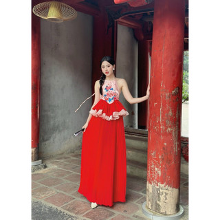 Sét áo yếm bèo phối váy dập ly 🔥hottrend  (váy yếm chụp sen, yếm múa, yếm Hội An, yếm Trung Thu)