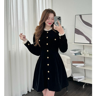 Váy nhung cổ bèo khuy đồng dáng ngắn - 247store - Vaynhungcobeo3550__P0K28