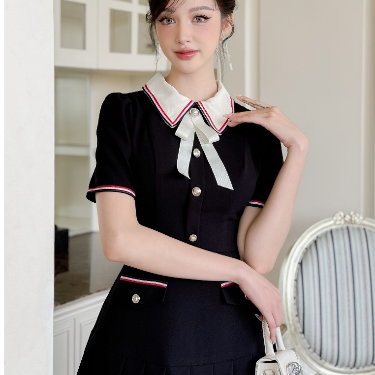 Đầm Nữ Liền Xếp Ly KALOE Cổ Bẻ Kèm Nơ Trắng Trẻ Trung Năng Động SET06 | BigBuy360 - bigbuy360.vn