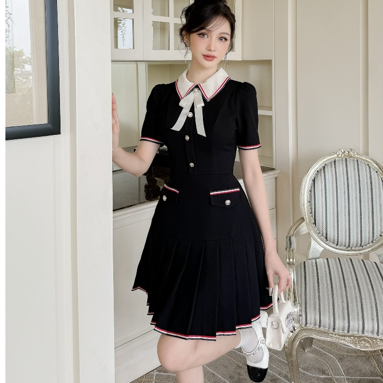 Đầm Nữ Liền Xếp Ly KALOE Cổ Bẻ Kèm Nơ Trắng Trẻ Trung Năng Động SET06 | BigBuy360 - bigbuy360.vn
