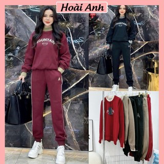 Set Bộ Đồ Nỉ Thêu MOUNTAIN Áo Nỉ Dài Tay Phối Viền Cổ Mix Quần Dài Boom Gấu Freesize