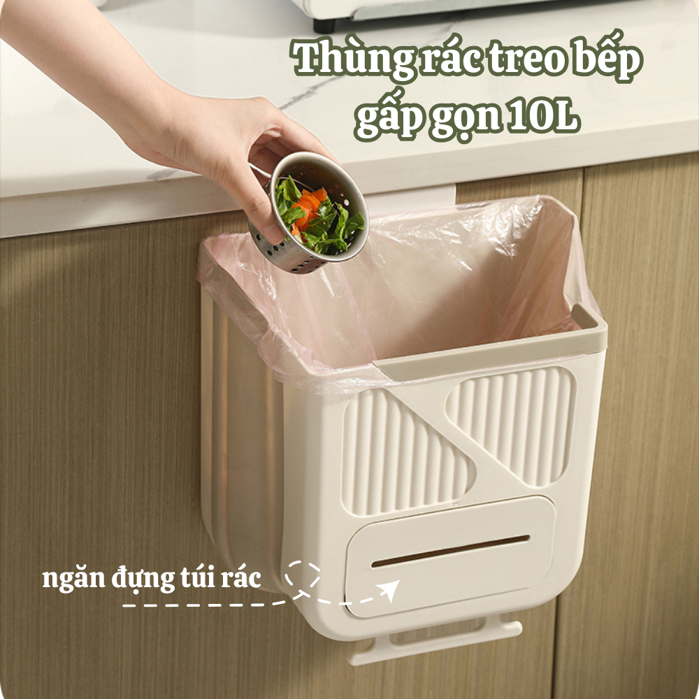 Thùng rác treo tủ bếp gấp gọn thông minh 10L có ngăn đựng túi rác tiện ...