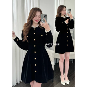 Váy nhung cổ bèo khuy đồng dáng ngắn - 247store - Vaynhungcobeo3550__P0K28