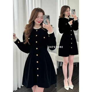 Váy nhung cổ bèo khuy đồng dáng ngắn - 247store - Vaynhungcobeo3550__P0K28