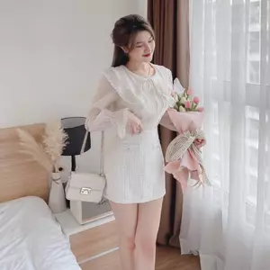 SET ÁO CỔ SEN ĐÔI PHỐI CHÂN VÁY DẠ TRẮNG PHONG CÁCH TIỂU THƯ | MEOINDAHOUSE
