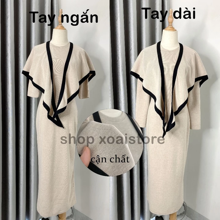 Váy len lông thỏ kèm khăn - Váy len tăm dáng dài cổ tròn kèm khăn viền đen sang chảnh sét váy body sang chảnh xoaistore