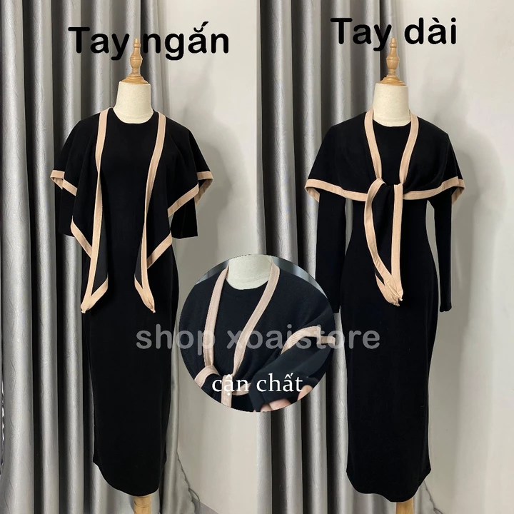 Váy len lông thỏ kèm khăn - Váy len tăm dáng dài cổ tròn kèm khăn viền đen sang chảnh sét váy body sang chảnh xoaistore