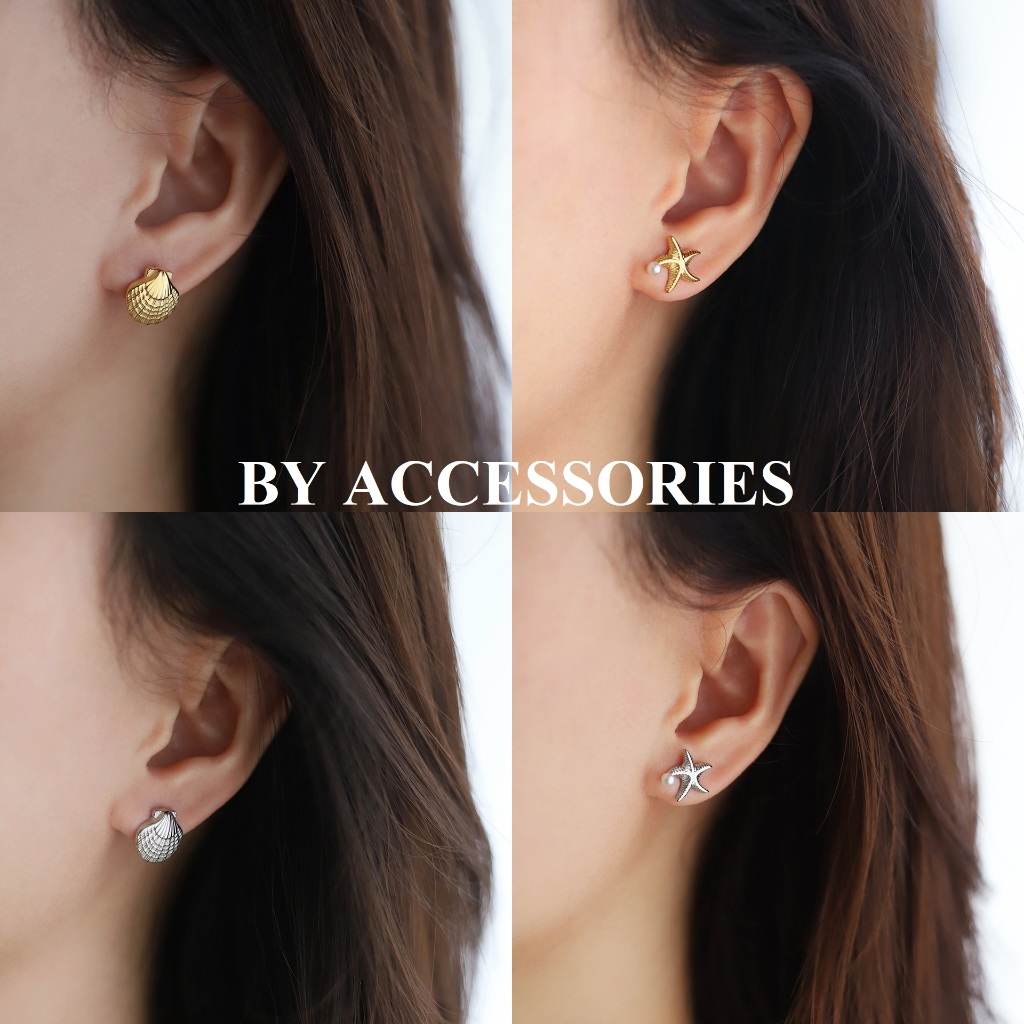 Bông tai nữ titan bất đối xứng hình vỏ sò và sao biển đính ngọc trai nhân tạo mạ vàng 18K không gỉ WE2343 BY ACC
