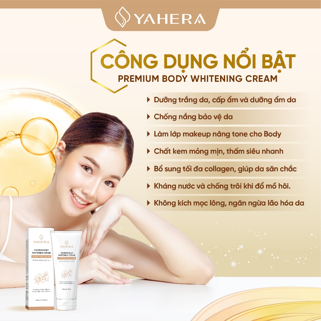 Kem body dưỡng trắng da toàn thân YAHERA Premium Body Whitening Cream dưỡng ẩm, chống nắng, chống lão hóa 200g