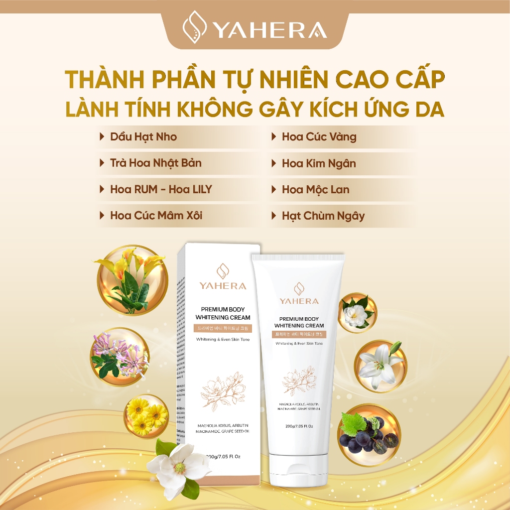 Kem body dưỡng trắng da toàn thân YAHERA Premium Body Whitening Cream dưỡng ẩm, chống nắng, chống lão hóa 200g