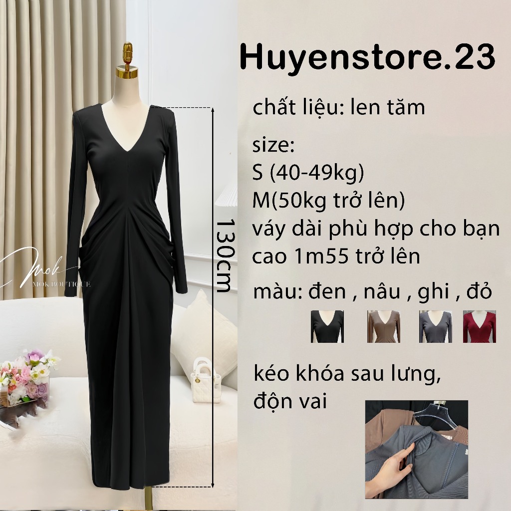 Váy Body Dáng Dài Cổ V, Đầm Body Dáng Dài Thiết Kế Nhún Eo Tiểu Thư Sang Chảnh huyenstore