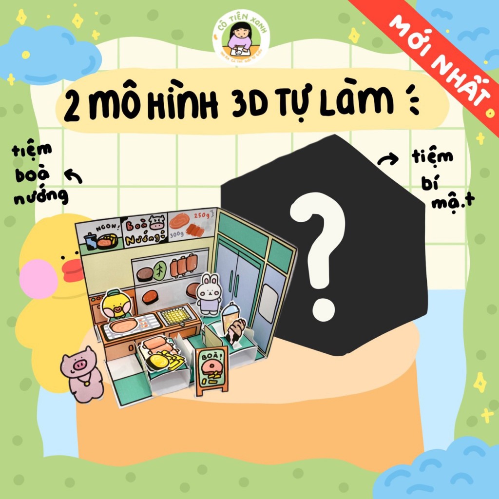 Mô hình giấy Tiệm Bò và Tiệm Bí Ẩn Cô Tiên Xanh kèm sticker thịt nướng ...