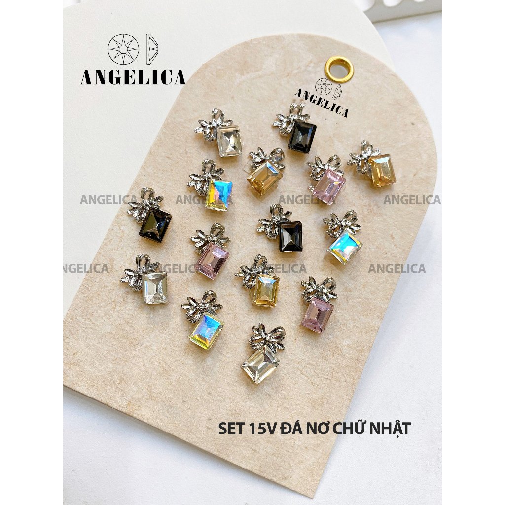 Set 12- 15 viên đá khối nơ đính nail trái tim chữ nhật bo trang trí móng ANGELICA