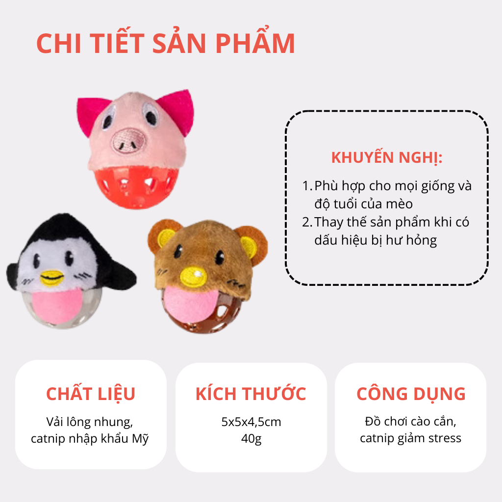 Đồ chơi banh tròn hình thú chứa chuông & catnip FOFOS