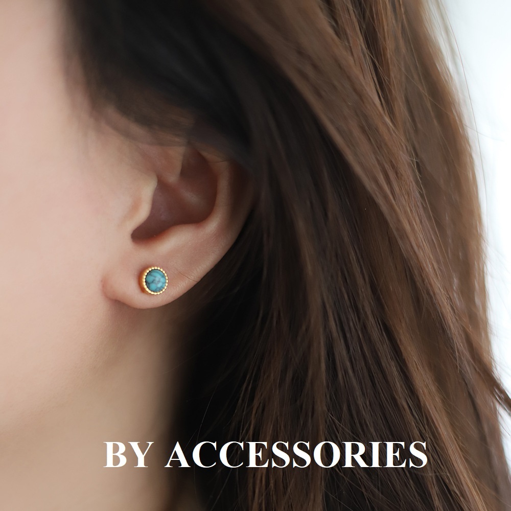 Bông tai nữ titan kiểu hạt đậu tròn khảm đá ngọc lam xanh đen mạ vàng 18K không gỉ WE2344