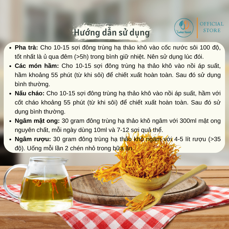 Đông Trùng Hạ Thảo Sấy Khô 100g - Hàng Cao Cấp Sợi Vàng Ươm, Sợi To Thượng Hạng, Bồi Bổ Sức Khỏe, Ngâm Mật Ong Luka Food
