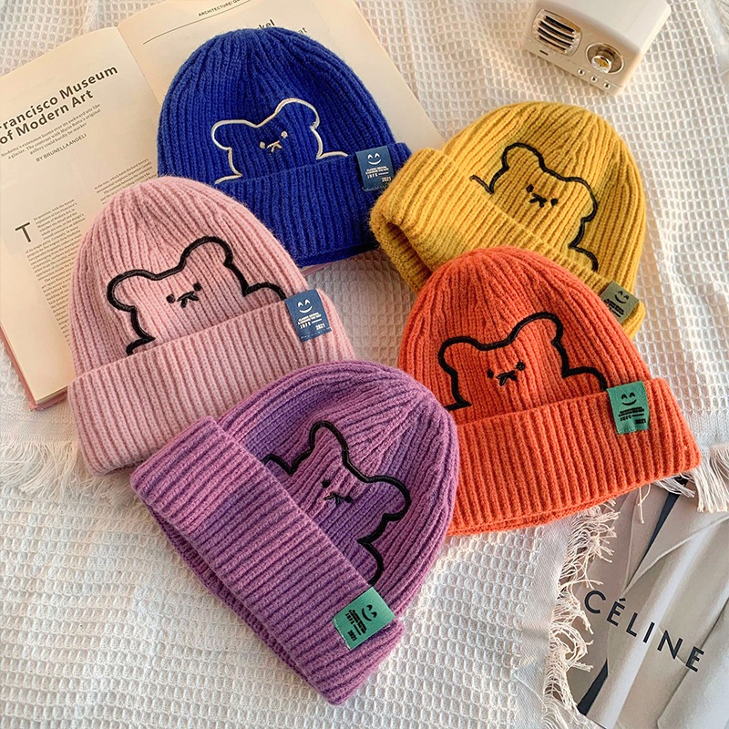 Mũ nón len,mũ len beanie phong cách Hàn Quốc dày dặn ấm áp thêu gấu dễ thương dành cho nữ nam thời trang HANASO ML004