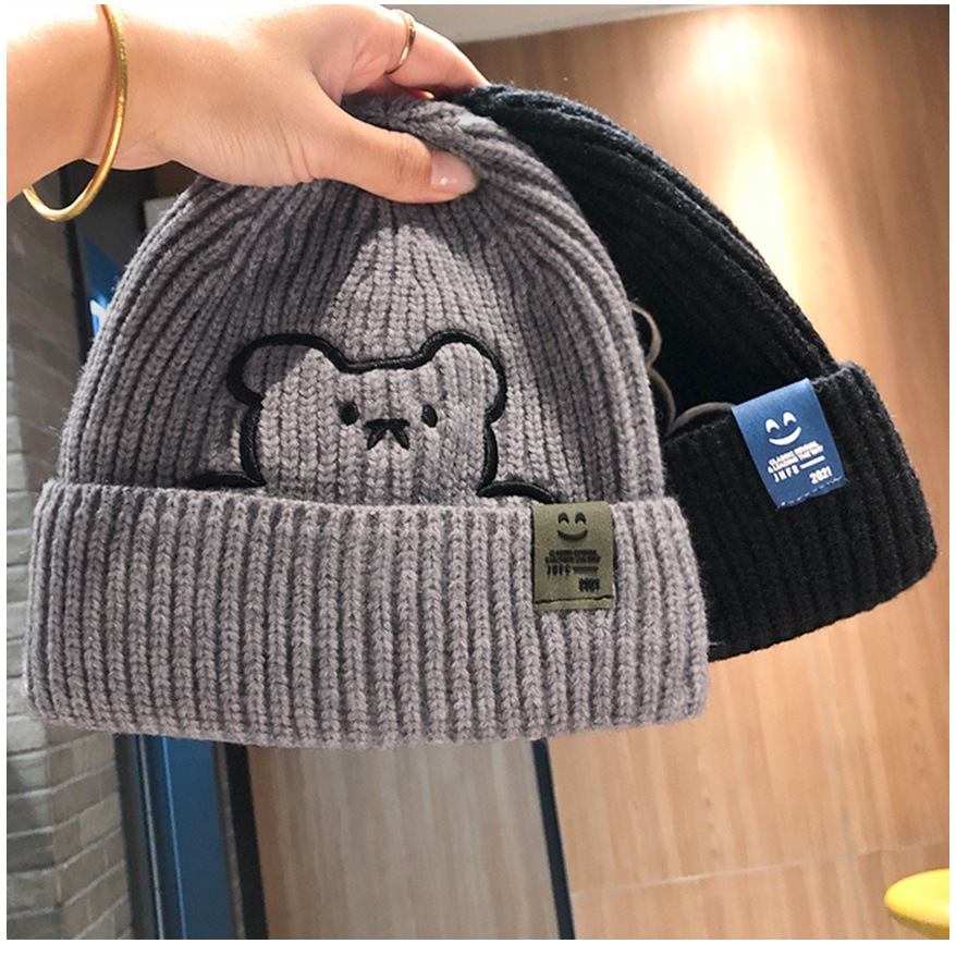 Mũ nón len,mũ len beanie phong cách Hàn Quốc dày dặn ấm áp thêu gấu dễ thương dành cho nữ nam thời trang HANASO ML004