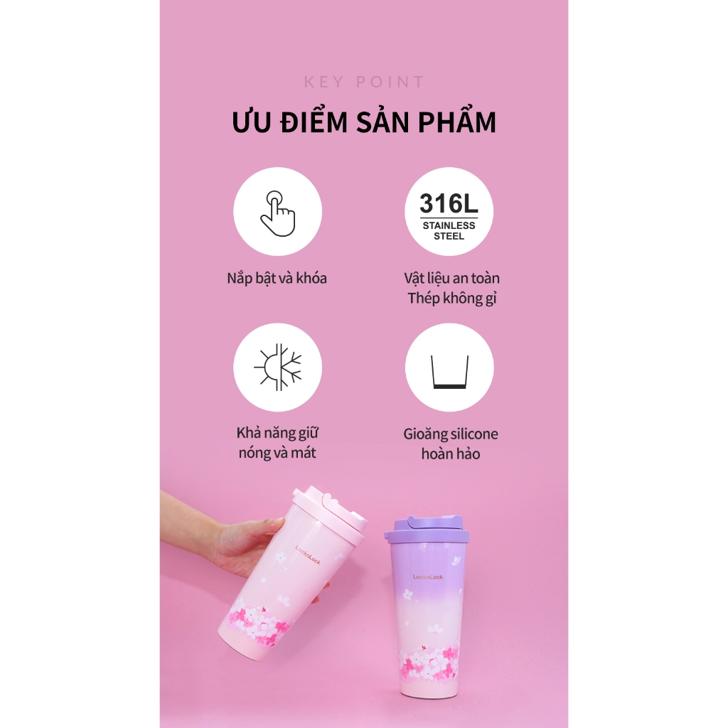 Ly giữ nhiệt LocknLock 550ml LHC3249 Màu Xanh Navy mở nắp một chạm, thép không gỉ inox 316L - K-MALL