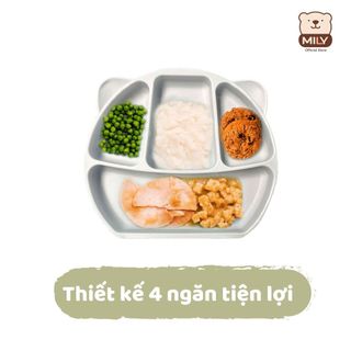 Khay ăn dặm chính hãng Mily 4 ngăn hình tai gấu có đế hít chống đổ làm từ silicon.