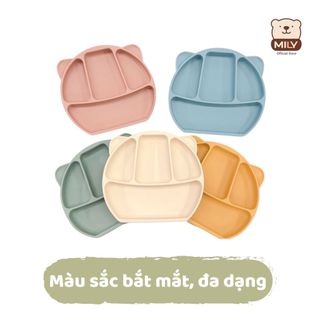 Khay ăn dặm chính hãng Mily 4 ngăn hình tai gấu có đế hít chống đổ làm từ silicon.