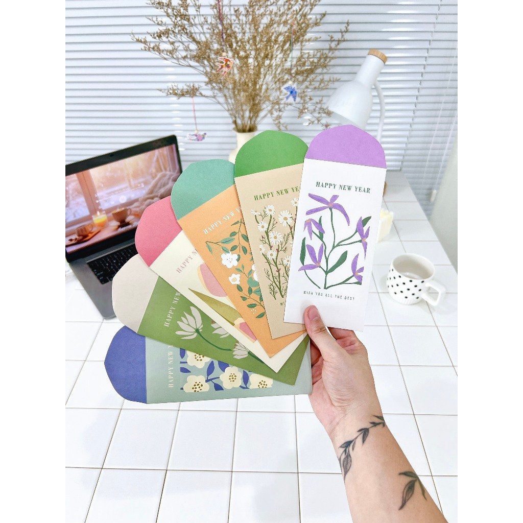 50 bao lì xì Tết cao cấp Gác xép Kraft dày dặn họa tiết hoa văn vintage sang trọng Tết 2025