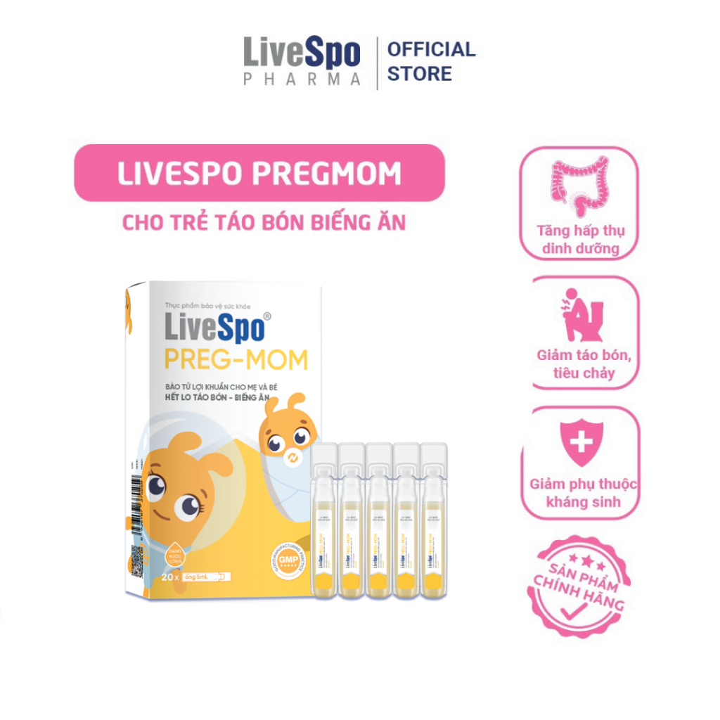 Ảnh Combo 6 hộp Men vi sinh chứa Bào tử lợi khuẩn LiveSpo Pregmom cho bé Táo bón, Biếng ăn (20 ống) 2
