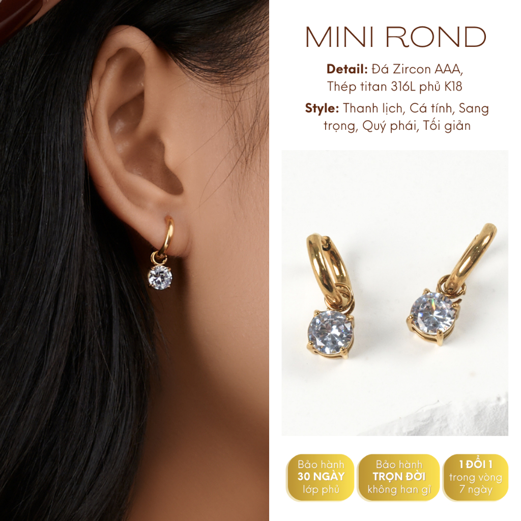 Khuyên tai titan không gỉ Mini Rond, bông tai nữ khoen tròn đính đá ...