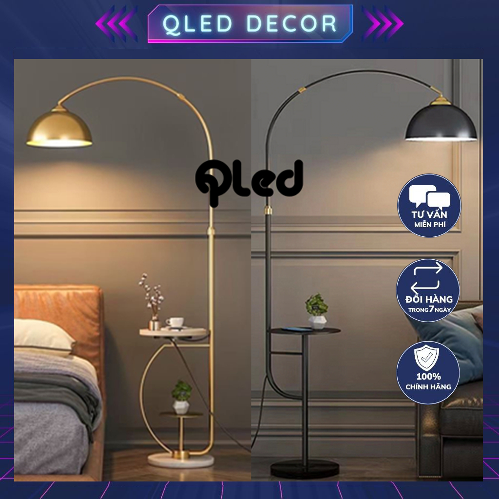 Đèn cây đứng Chao bô Qled Đồng cao cấp đế bát đá tự nhiên màu vàng/đen ( Tặng kèm bóng Led as vàng ấm)