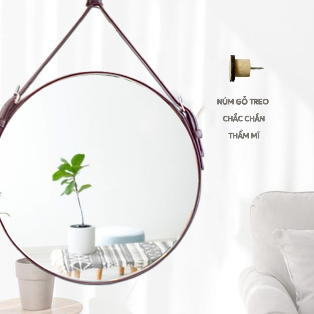 Gương treo tường viền dây da đen nâu Nhu Y Decor - gương tròn treo trang điểm chất liệu da simili cao cấp sang trọng