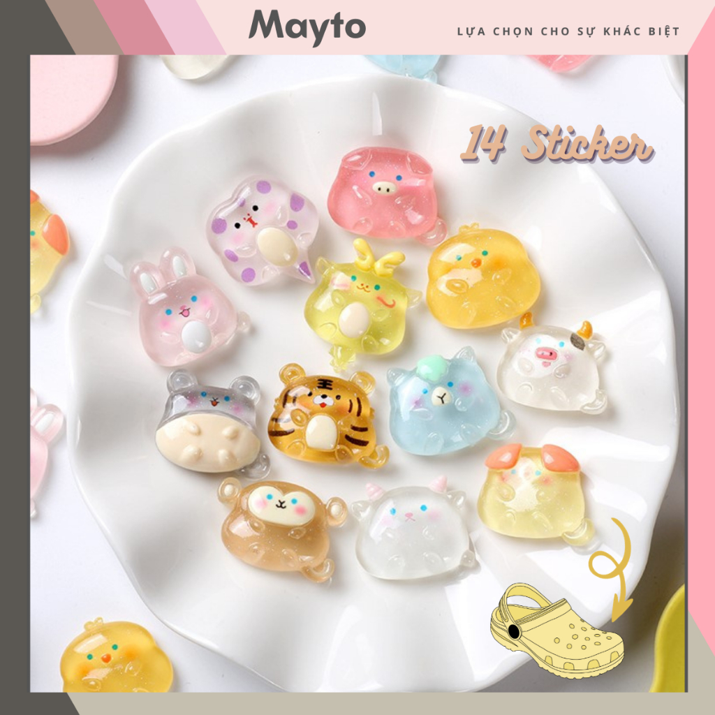 Bộ 14 Sticker, Charm 3D chủ đề con vật nhựa bóng DIY gắn Dép Cross Dép ...
