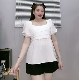 Bộ Đồ Quần Áo Thời Trang Bigsize Nữ Thiết Kế Nhún Trước Cổ Vuông Tay Bồng Cách Điệu Đơn Giản Trẻ Trung  SET55