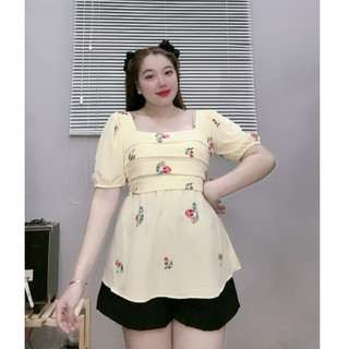 Bộ Đồ Quần Áo Thời Trang Bigsize Nữ Thiết Kế Nhún Trước Cổ Vuông Tay Bồng Cách Điệu Đơn Giản Trẻ Trung  SET55
