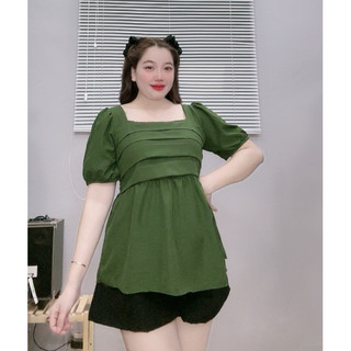 Bộ Đồ Quần Áo Thời Trang Bigsize Nữ Thiết Kế Nhún Trước Cổ Vuông Tay Bồng Cách Điệu Đơn Giản Trẻ Trung  SET55