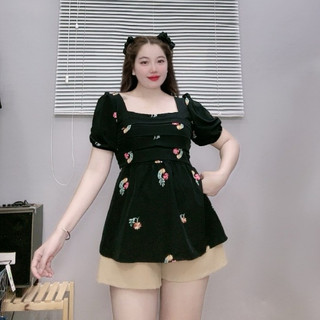 Bộ Đồ Quần Áo Thời Trang Bigsize Nữ Thiết Kế Nhún Trước Cổ Vuông Tay Bồng Cách Điệu Đơn Giản Trẻ Trung  SET55