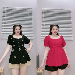 Bộ Đồ Quần Áo Thời Trang Bigsize Nữ Thiết Kế Nhún Trước Cổ Vuông Tay Bồng Cách Điệu Đơn Giản Trẻ Trung  SET55