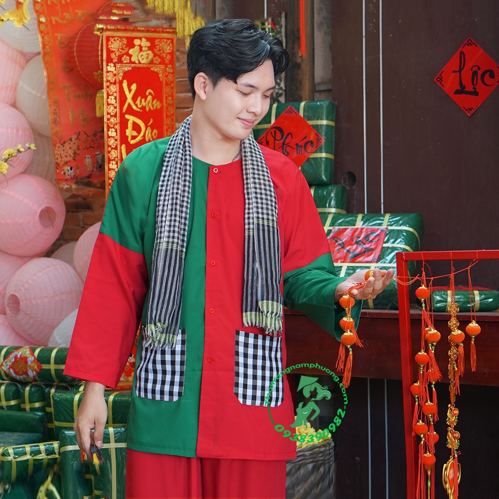 Bộ bà ba nam ghép xanh đỏ vải Kate Silk phối caro - Nam Phương - 1 set ...