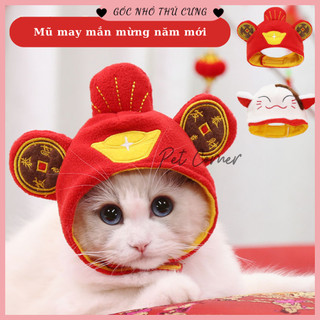 Mũ thần tài may mắn cho thú cưng ngày tết, mũ giữ ấm cho chó mèo mùa đông