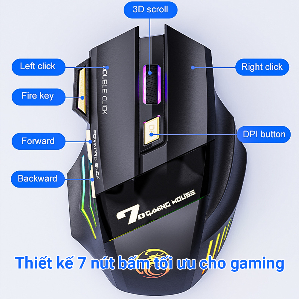 Chuột gaming không dây iMice GWX7 - 2 mode 2.4GHZ và bluetooth 5.1 - 7 nút bấm - Đèn LED 7 màu - Pin có thể sạc được | BigBuy360 - bigbuy360.vn