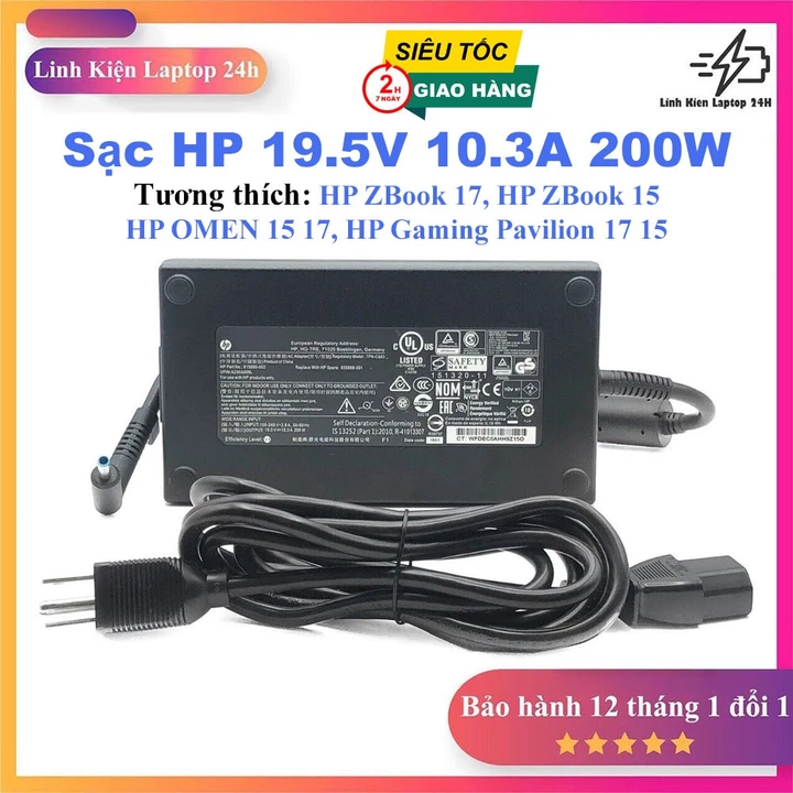 [Sạc Zin] Sạc Dùng Cho Laptop HP 200W 19.5V 10.3A Dành Cho HP Victus Gaming, HP ZBook 15 17, HP OMEN 15 17, HP EliteBook