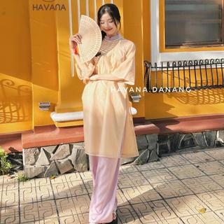 Set áo dài cách tân nữ voan tơ 4 tà tay lửng đính cúc ngọc sau kèm quần phối màu HAVANA AD26