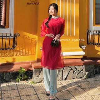 Set áo dài cách tân nữ voan tơ 4 tà tay lửng đính cúc ngọc sau kèm quần phối màu HAVANA AD26