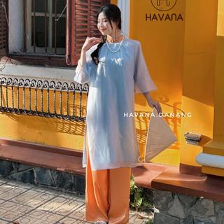 Set áo dài cách tân nữ voan tơ 4 tà tay lửng đính cúc ngọc sau kèm quần phối màu HAVANA AD26
