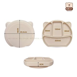 Khay ăn dặm chính hãng Mily 4 ngăn hình tai gấu có đế hít chống đổ làm từ silicon.