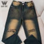 -Quần Jeans Nam Suông WHY.NOT Màu Xanh Cổ Vịt Wash Vàng Cá Tính- Quần Jean Nam Rách Gối