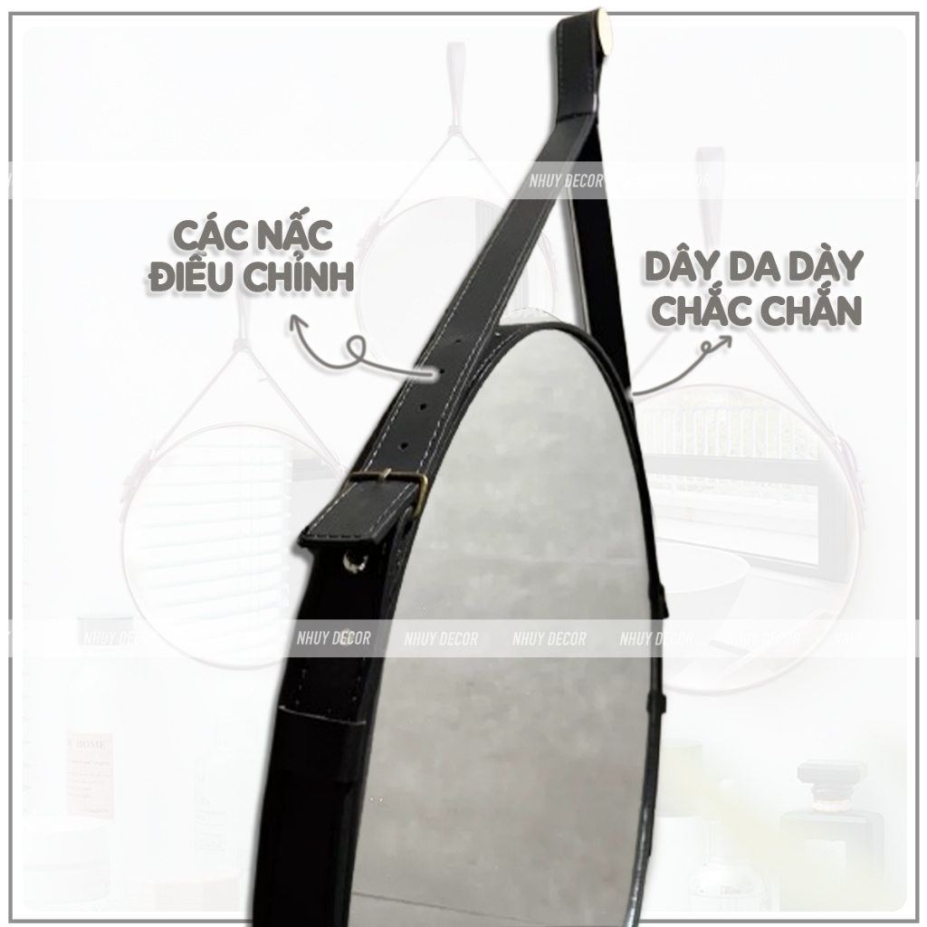 Gương treo tường viền dây da đen nâu Nhu Y Decor - gương tròn treo trang điểm chất liệu da simili cao cấp sang trọng