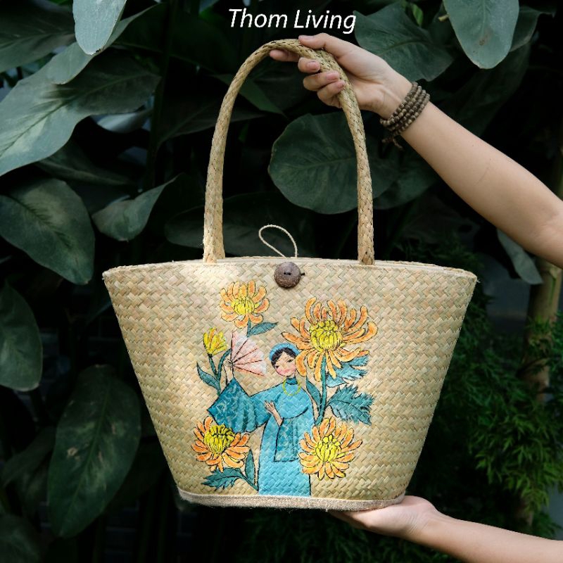 Giỏ cói - giỏ cỏ bàng đi biển oval túi vải rút quai ống bàng