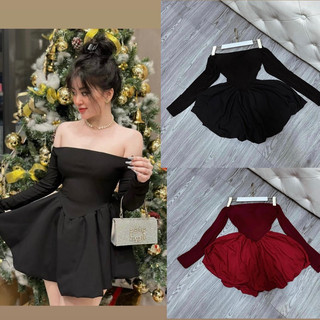 váy trễ vai tay dài bồng xoè kèm quần