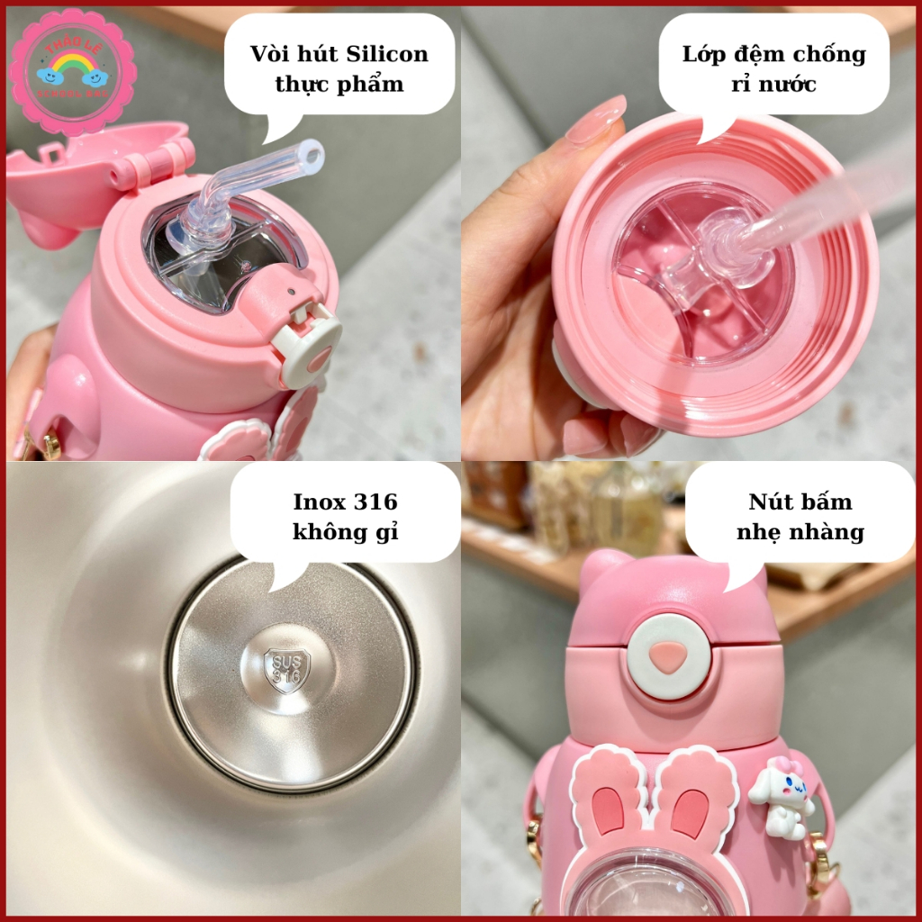 Bình giữ nhiệt cho bé đi học INOX 316 500ML bình nước trẻ em siêu dễ thương cute có dây đeo, có quà tặng kèm TL2322